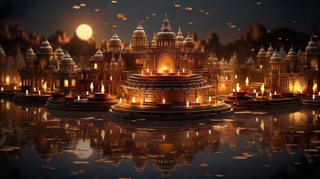 Diwali holiday View of a temple from water Lotus flowers on the water