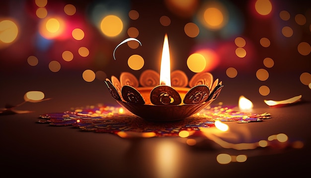 Diwali 인도 축제, 흐릿한 배경이 있는 Diwali diya, Generative ai