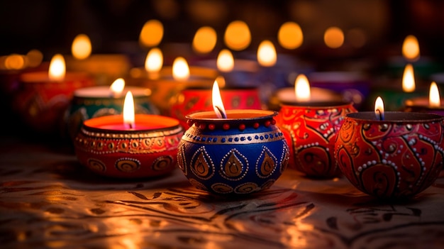 diwali kleurrijke lampen en kaarsen op de diwali-tafel in het donker