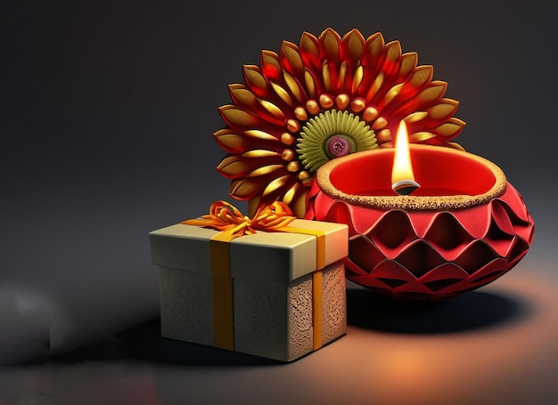 Foto confezione regalo lampada diwali e fila di lampade a olio diwali su sfondo scuro