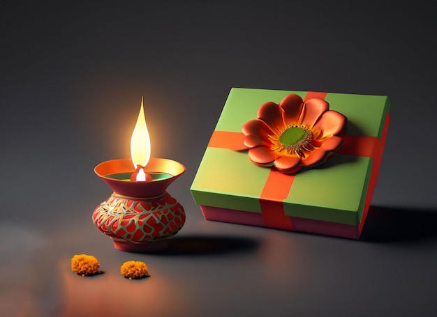 Подарочная коробка с лампой Дивали и ряд масляных ламп Дивали на темном фоне