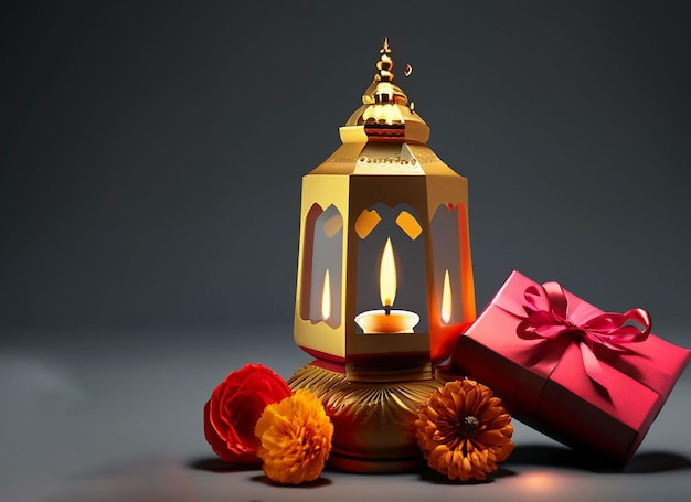 diwali lamp gift box and flowerdiwali oil lamp row on dark background