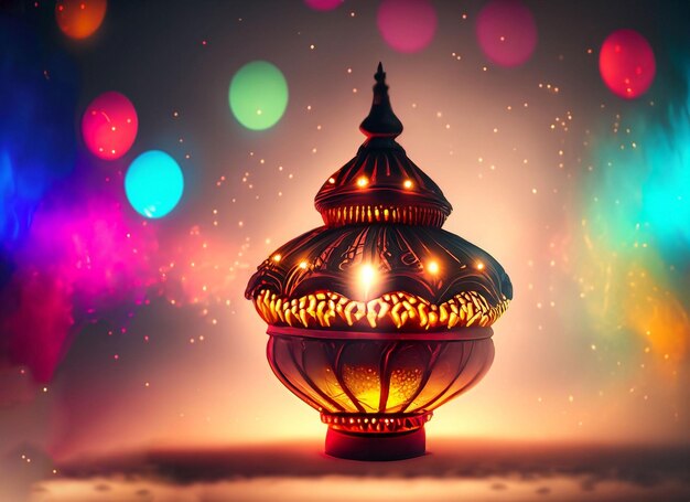 Diwali-lamp met verlichting aan de binnenkant en Booker-effect met kleurrijke rook