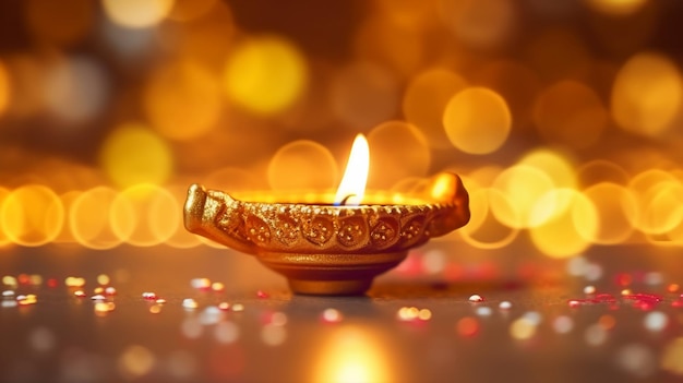 A diwali lamp with a gold background