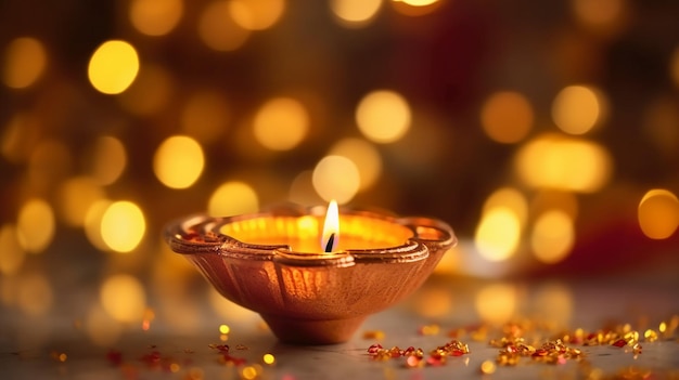 A diwali lamp with yellow and red lights in the background