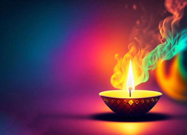 Diwali lampdiya-achtergrond met prachtige vlam en kleurrijke rook Gelukkig Diwali-concept