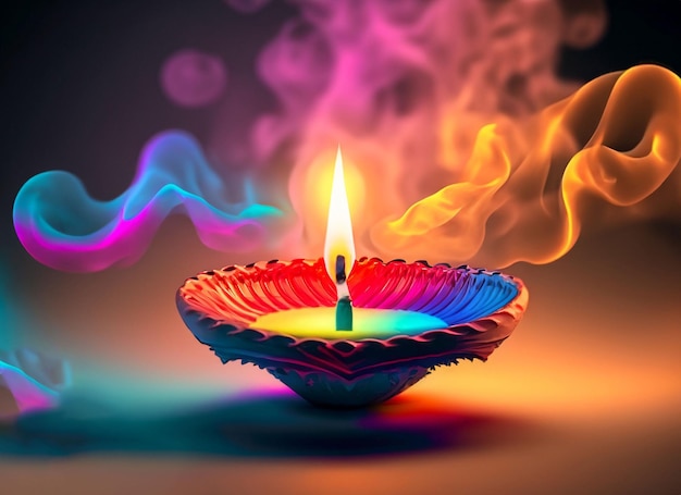 Diwali lampdiya-achtergrond met prachtige vlam en kleurrijke rook Gelukkig Diwali-concept