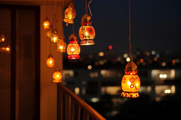 diwali lights decore in balcony hanging diwali lanterns