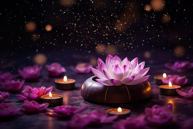 Diwali lotus en olie lamp drijvend op rivier nacht bokeh achtergrond