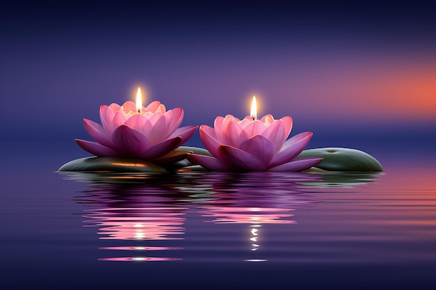 Diwali lotus and oil lamp floating on river night bokeh background