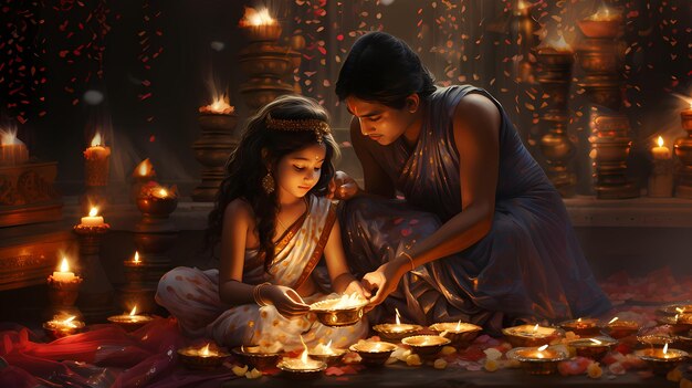 Foto madre e figlio di diwali con le candele