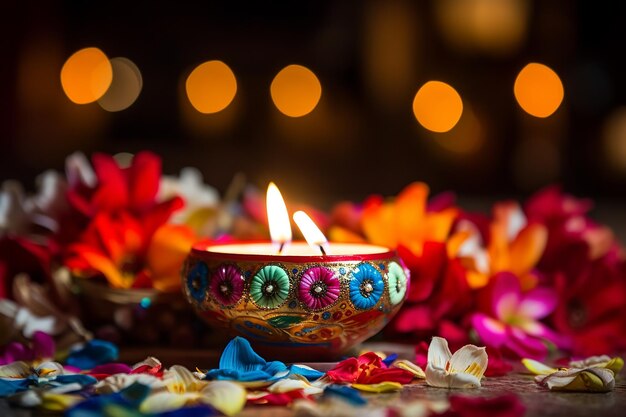 Diwali oil lamp with flower decoration sparkling background