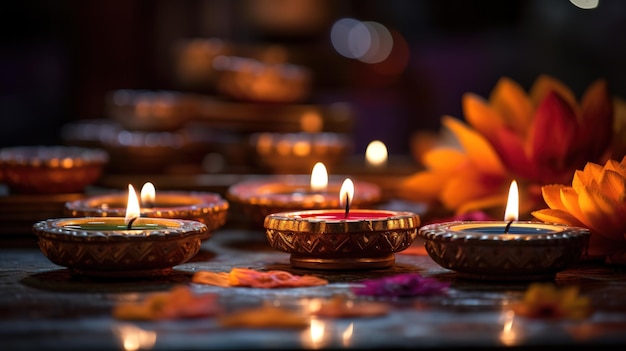 Diwali-olielampen branden 's nachts op straat