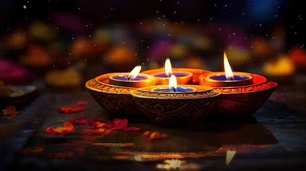 Diwali-olielampen branden 's nachts op straat