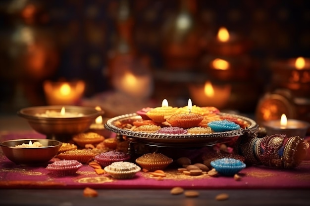 사진 인도 축제 를 위한 디야 와 과자 를 가진 디발리 나 디파발리 배경
