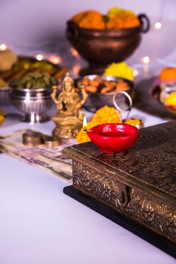 Photo diwali and preparation for laxmi or lakshmi pooja with elements like diya, currency notes, sweets, flowers, snacks, haldi and kumkum