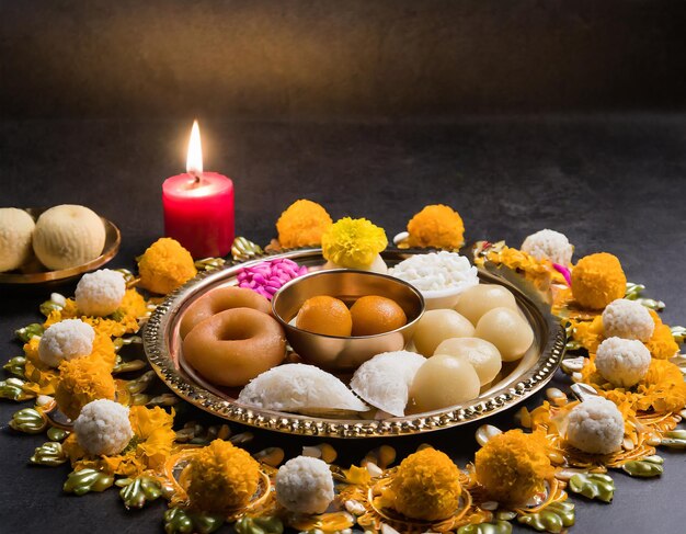 Foto diwali rangoli fatto usando fiori di lampada diyaoil e piatto pieno di gulab jamun rasgulla kaju katli morichoor bundi laddu gujiya o karanji