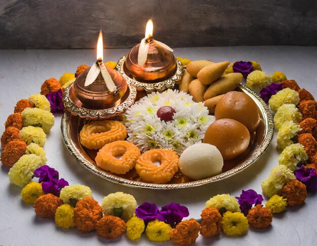 Diwali rangoli made using diyaoil lamp flowers and plate full of gulab jamun rasgulla kaju katli