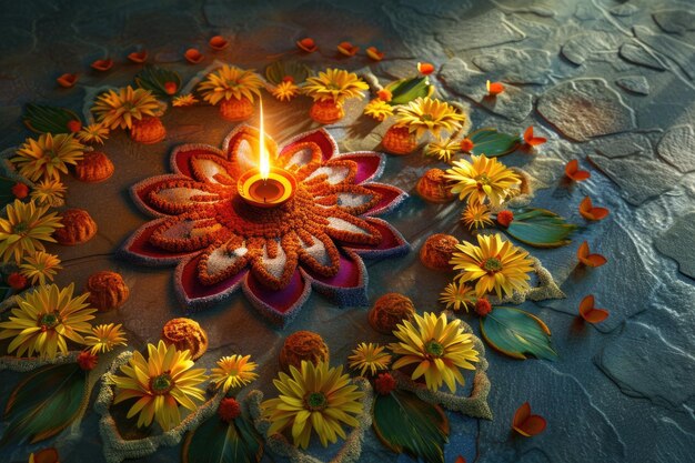 Photo diwali rangoli with indian snacks diya and flowers