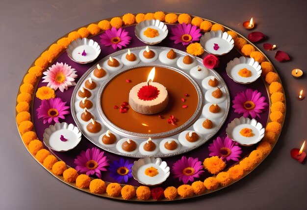 Foto diwali rangoli con dolci e decorazioni tradizionali