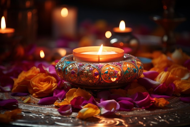 Diwali's lichtgevende kaars omgeven door levendige versieringen die de feestelijke sfeer aanwakkeren