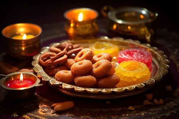 Photo diwali sweets gulab jamun jalebi and barfi each piece glistening with syrup saffron threads and c