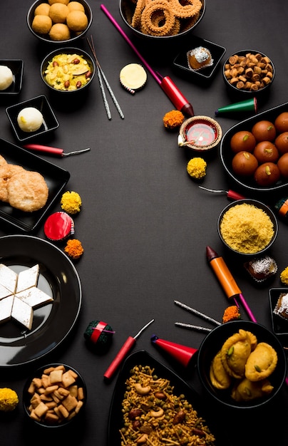 Photo diwali sweets and snacks arranged in a group with diya or oil lamp, flowers and fire crackers or patakhe over moody surface, selective focus