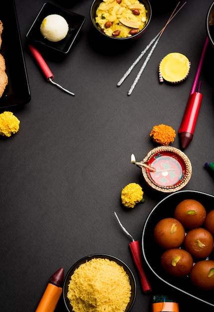 Photo diwali sweets and snacks arranged in a group with diya or oil lamp, flowers and fire crackers or patakhe over moody surface, selective focus