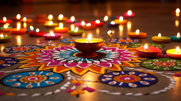 Diwali-versieringen met kleurrijke en ingewikkelde rangoli-ontwerpen