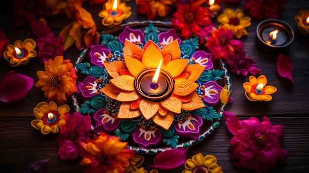 Diwali versieringen met levendige bloemen rangoli