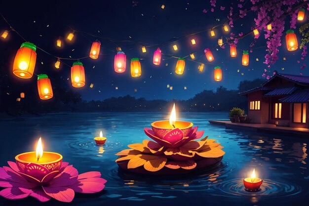 Diwali viering achtergrond met typische Diwali snuisterijen vol helder kaarslicht