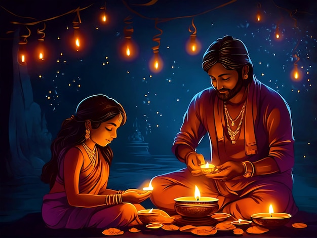 Foto diwali viering set met decoratieve kleurrijke beelden met man en meisje ai genereren achtergrond