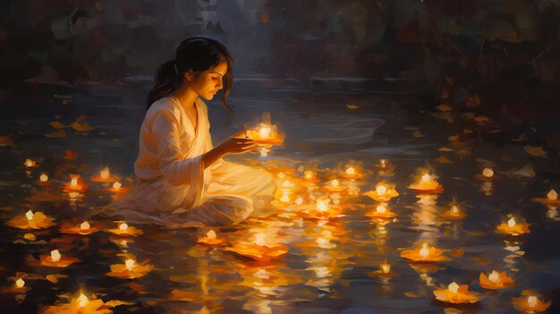 Foto donna di diwali con le candele