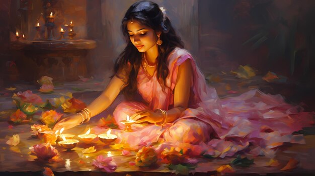 Foto donna di diwali con le candele