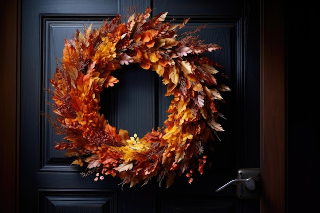 Diy autumn leaf wreath hung on a dark door