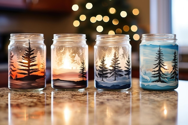 Diy candles in glass jars with painted winter scenes