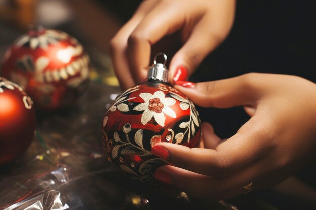 DIY Christmas decor woman handcrafting balls