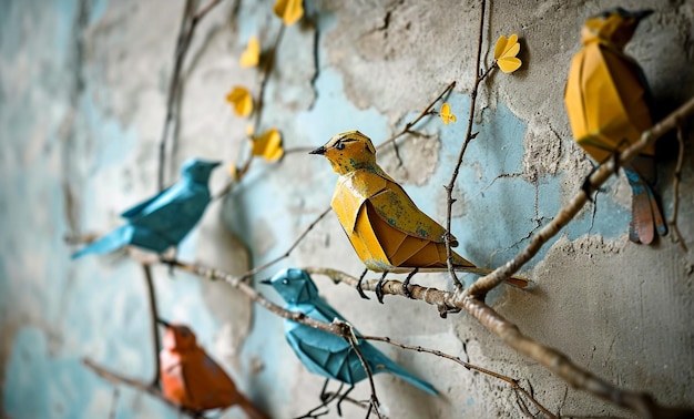DIY colorful paper birds sitting on rustic background