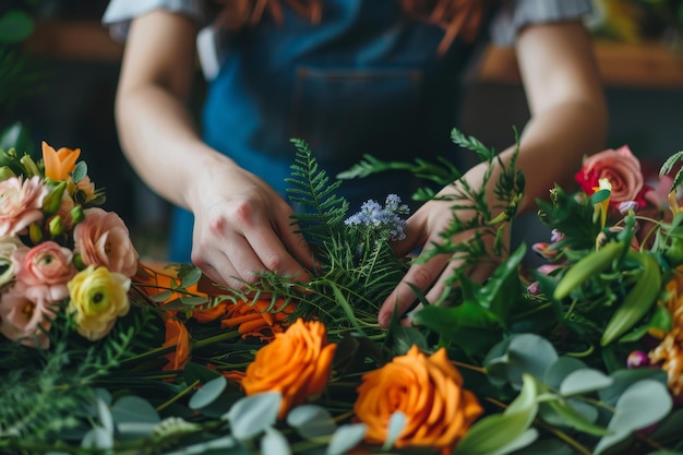 特別なイベントで素晴らしい花のアレンジを作るために色とりどりの花と緑を喜んでアレンジするDIYの愛好家