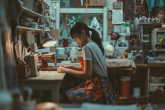 A DIY enthusiast happily sewing and stitching fabric to create unique clothing designs in a cheerful sewing room