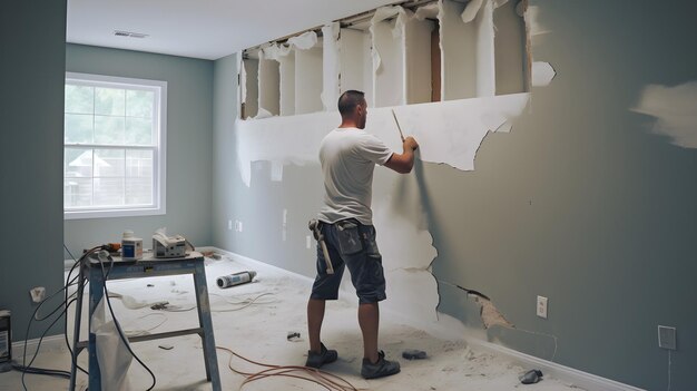 Photo diy enthusiast installing drywall handson renovation transforming living spaces