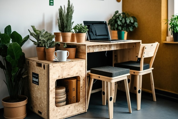 Photo diy furniture from wooden boxes in trendy eco cafe