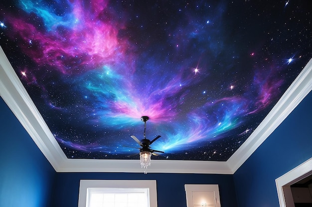 Foto diy galaxy geschilderd plafond met glasvezel sterrenverlichting