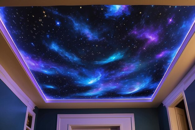 Foto il soffitto dipinto da diy di galaxy con luci stellari a fibra ottica