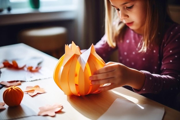 Diy halloween tradition little girl making paper jackolantern