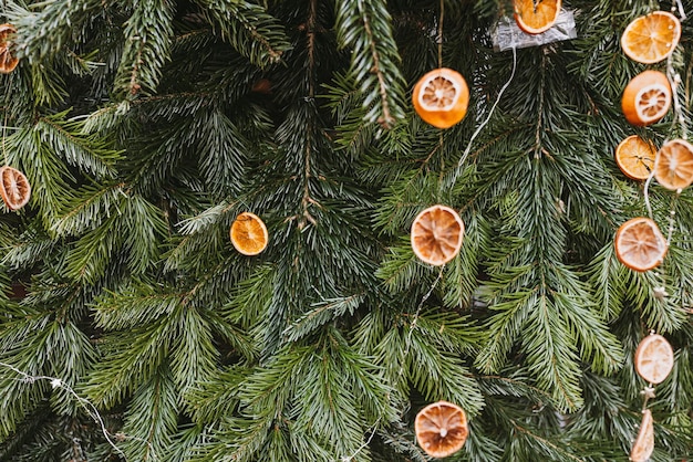 DIY handgemaakte natuurlijke decoratie gemaakt van sinaasappelschijfje op kerstboom