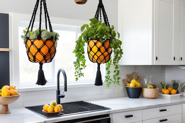 Foto diy macrame hanging fruit basket in een moderne keuken