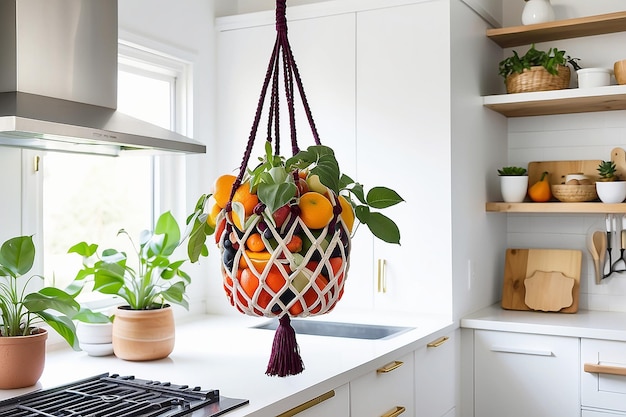 DIY Macrame Hanging Fruit Basket in een moderne keuken