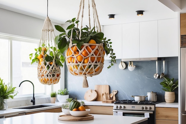 Foto corso di frutta appeso a macrame diy in una cucina moderna che combina la conservazione pratica con l'eleganza boho