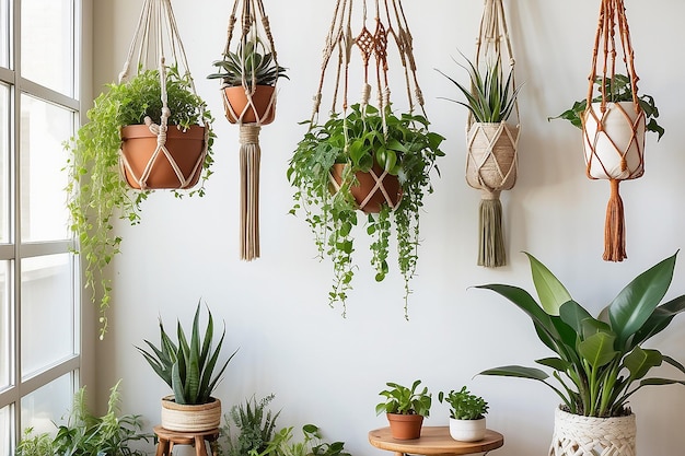 写真 diy macrame hanging planter in a boho corner エレベータープラントは,手作りのボヘミアンなタッチで展示されています.